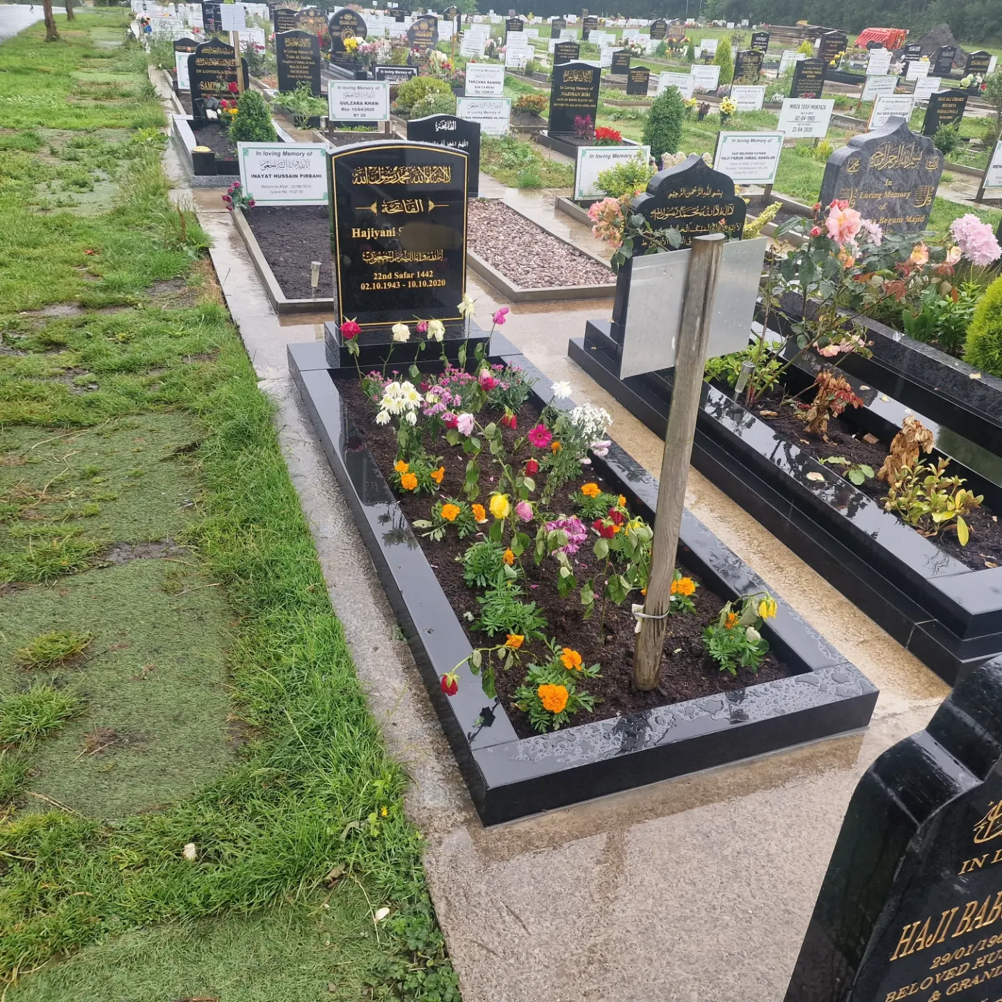 Flowers growing inside a black memorial surround